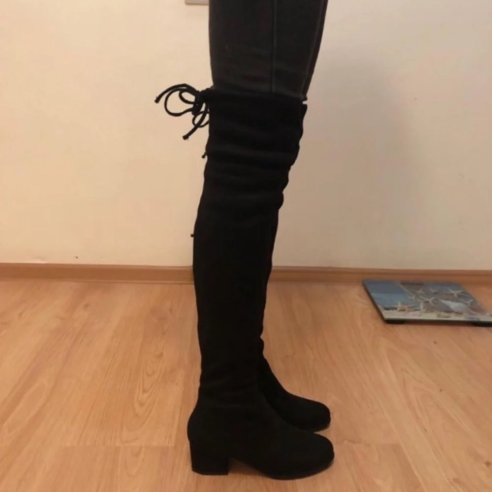 Black Faux Suede Over The Knee Block Heel Boot 6.5
